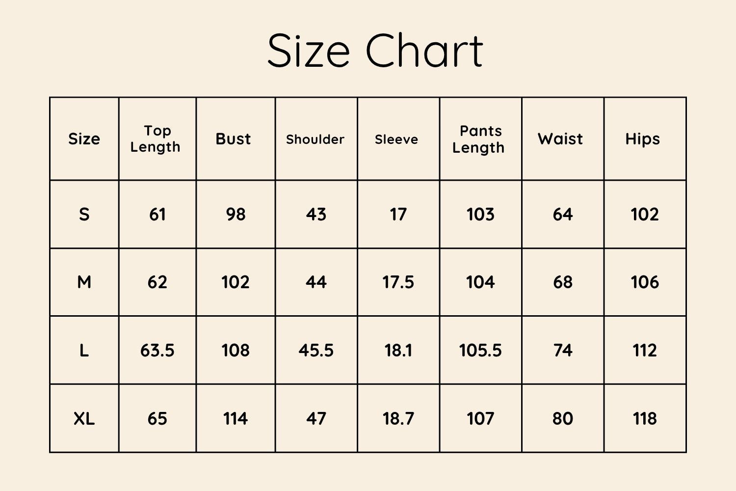 Size Chart CM