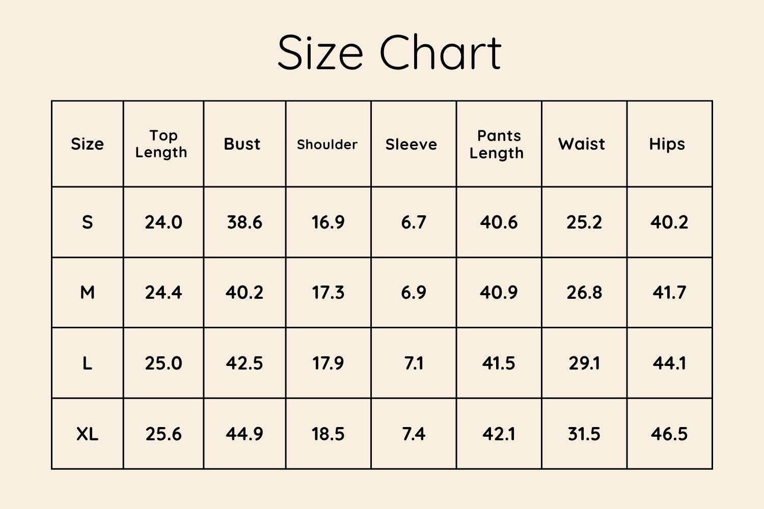Size Chart Inches
