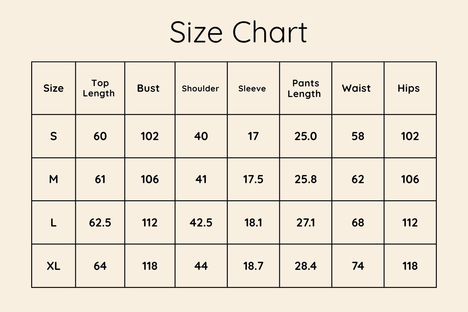 Size Chart CM