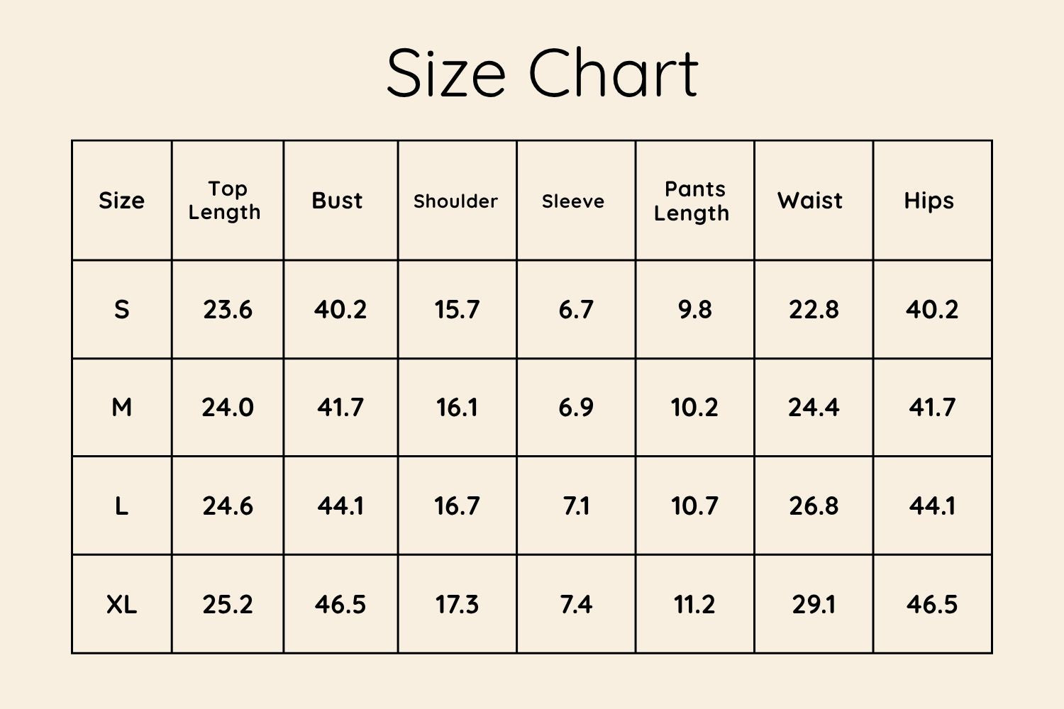 Size Chart Inches