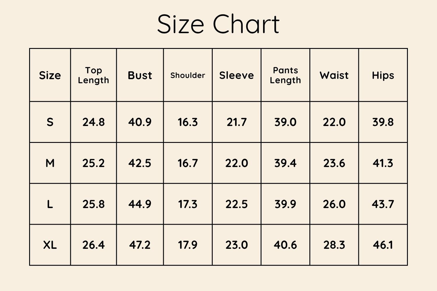 Size Chart Inches