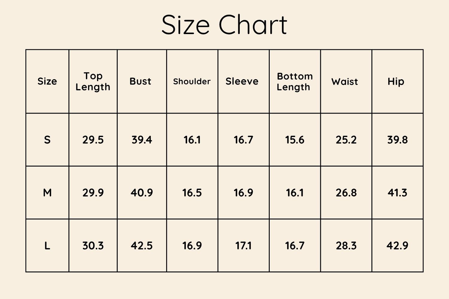 Size Chart Inches