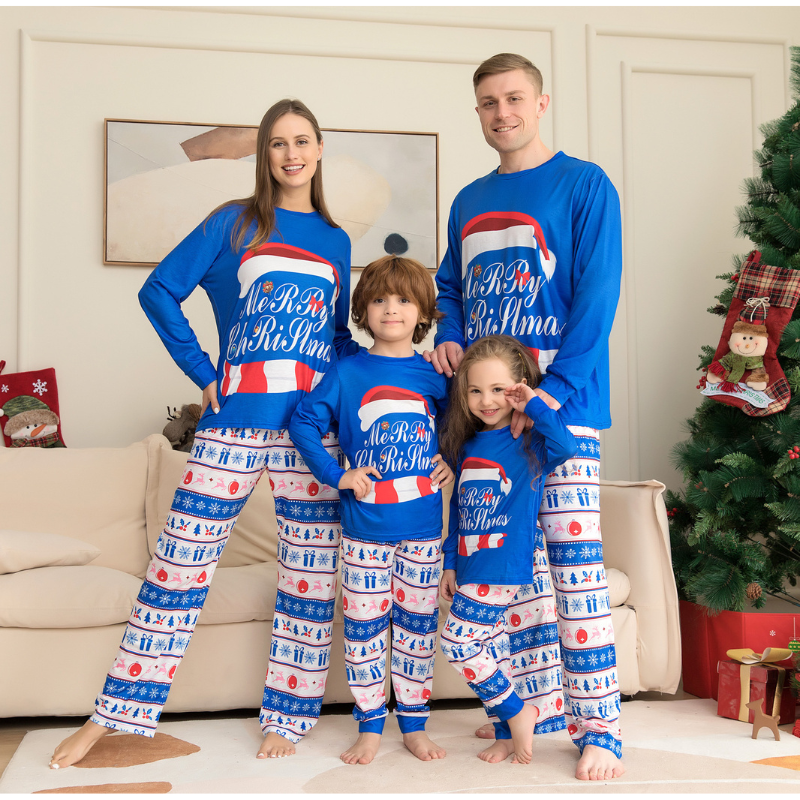 Blue Merry Family Christmas Pyjamas Set