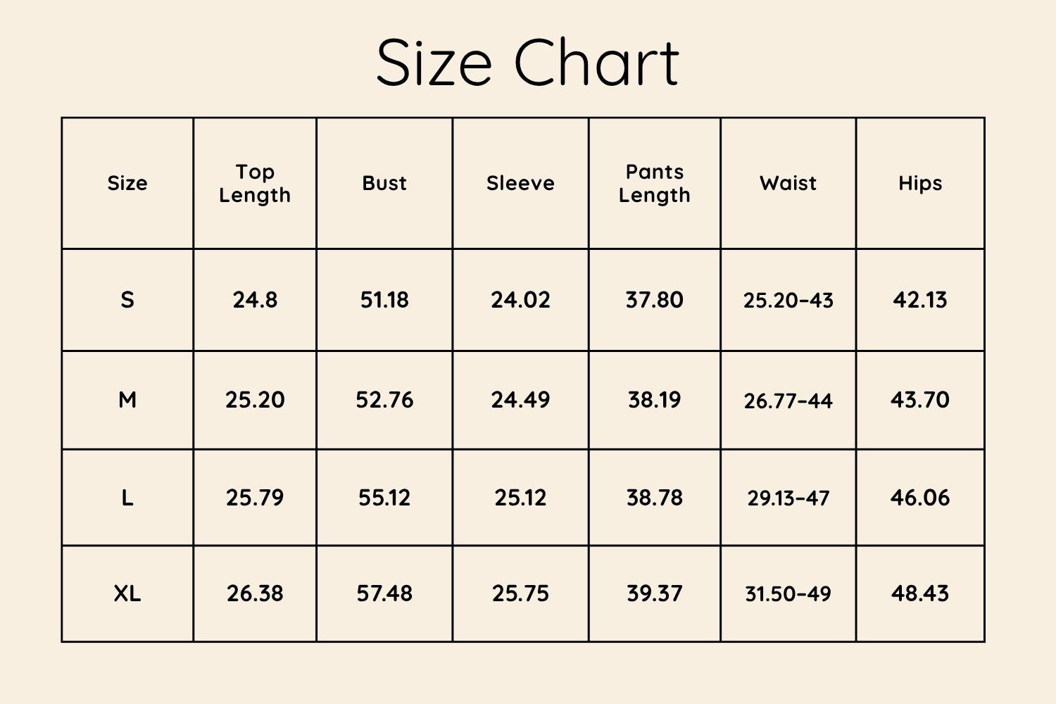 Size Chart Inches