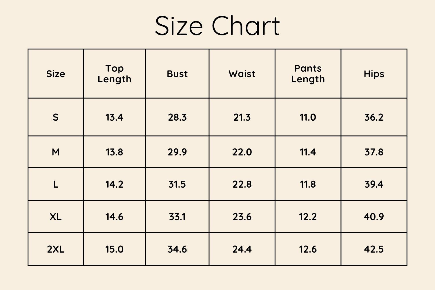 Size Chart Inches