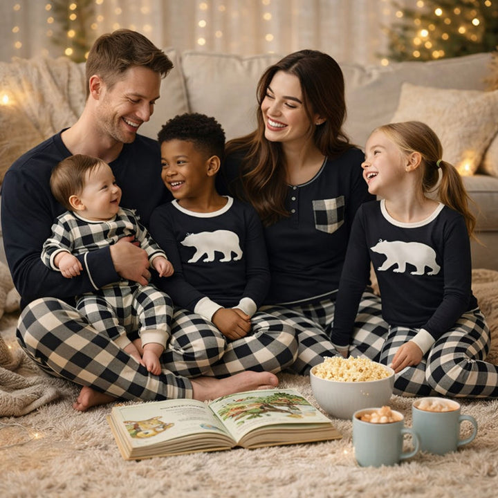 Black & Cream Plaid Bear Family Matching Pyjamas