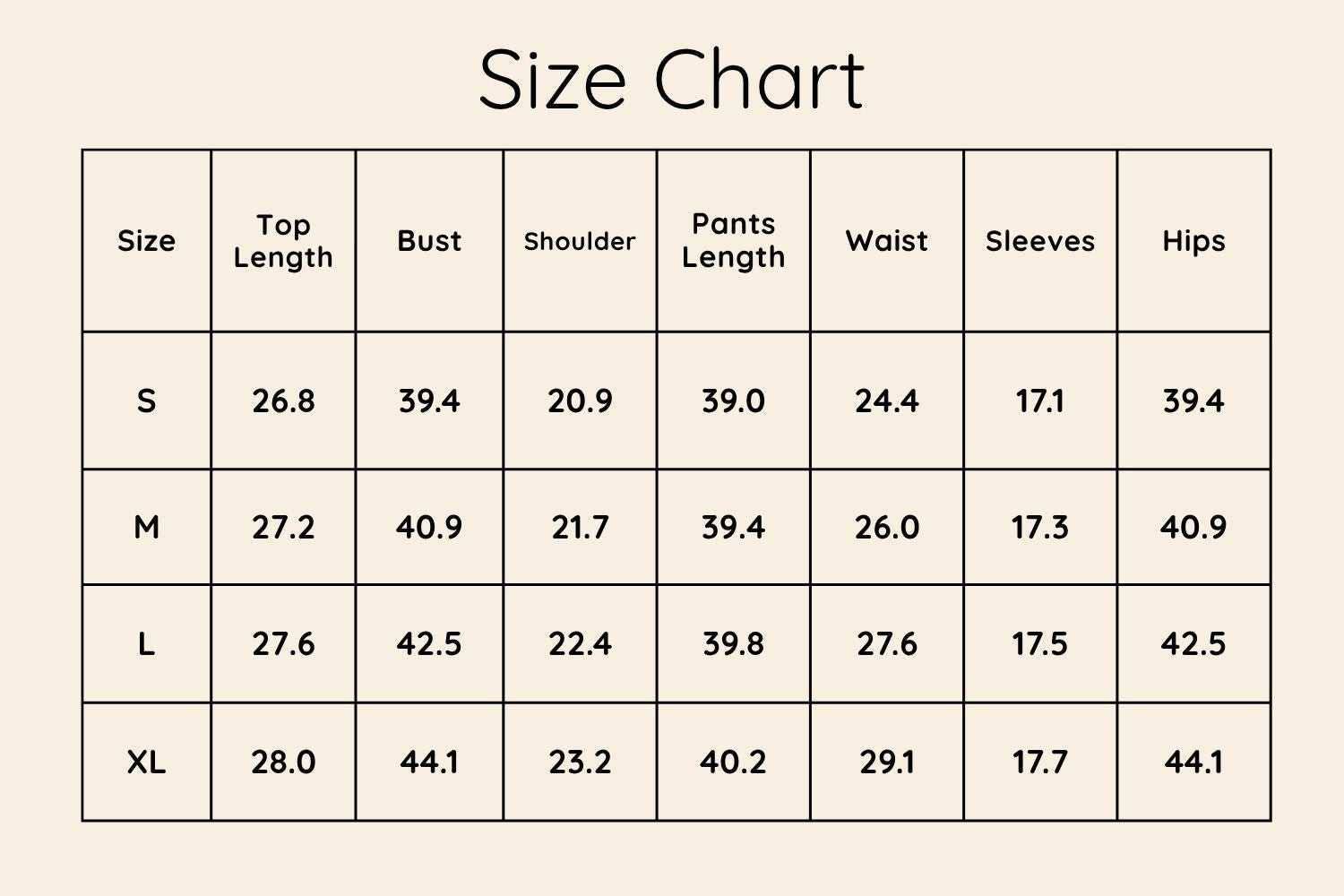 Size Chart Inches