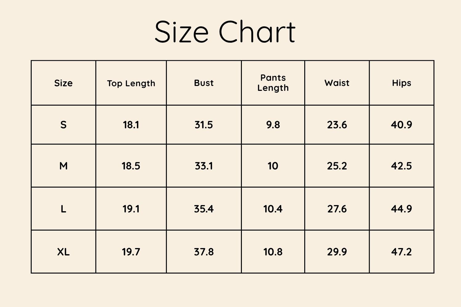 Size Chart Inches