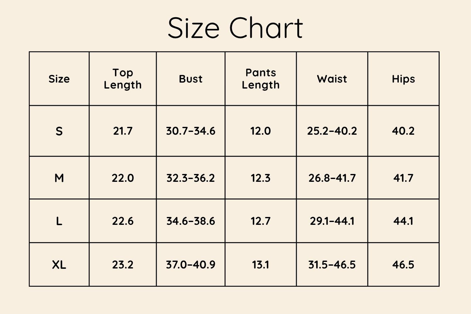 Size Chart Inches