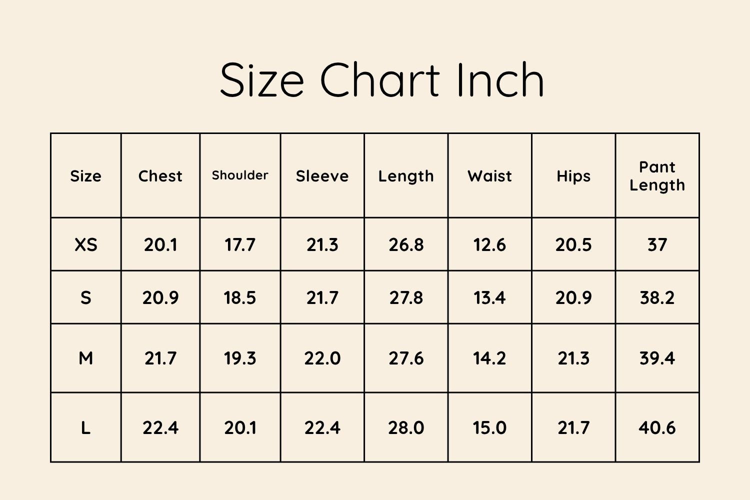 Size Chart Inches
