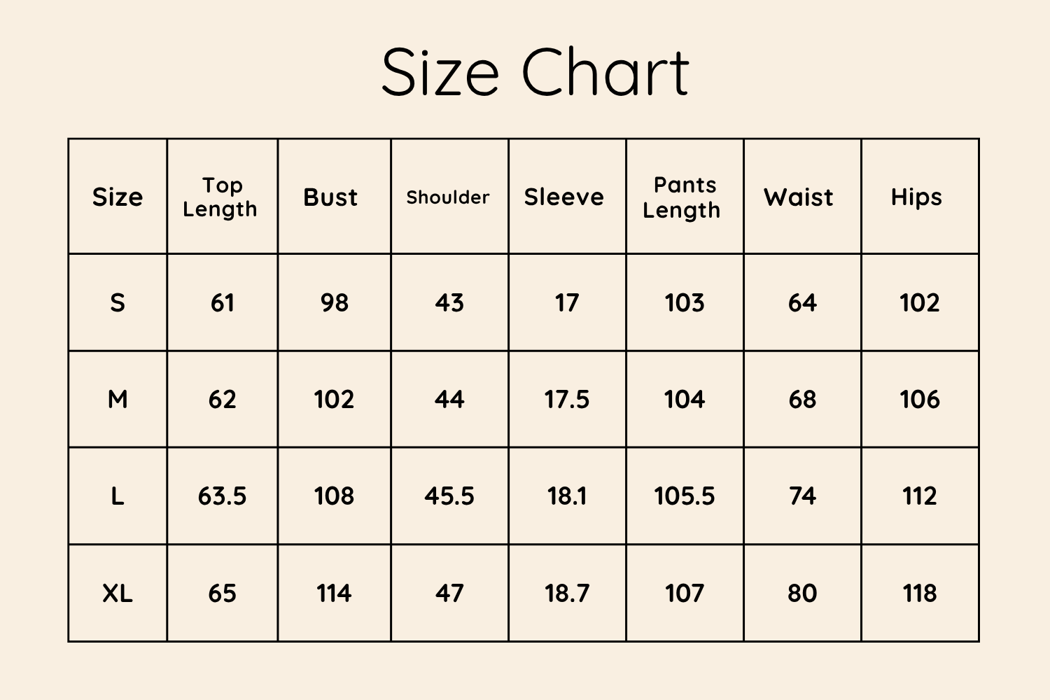Size Chart CM