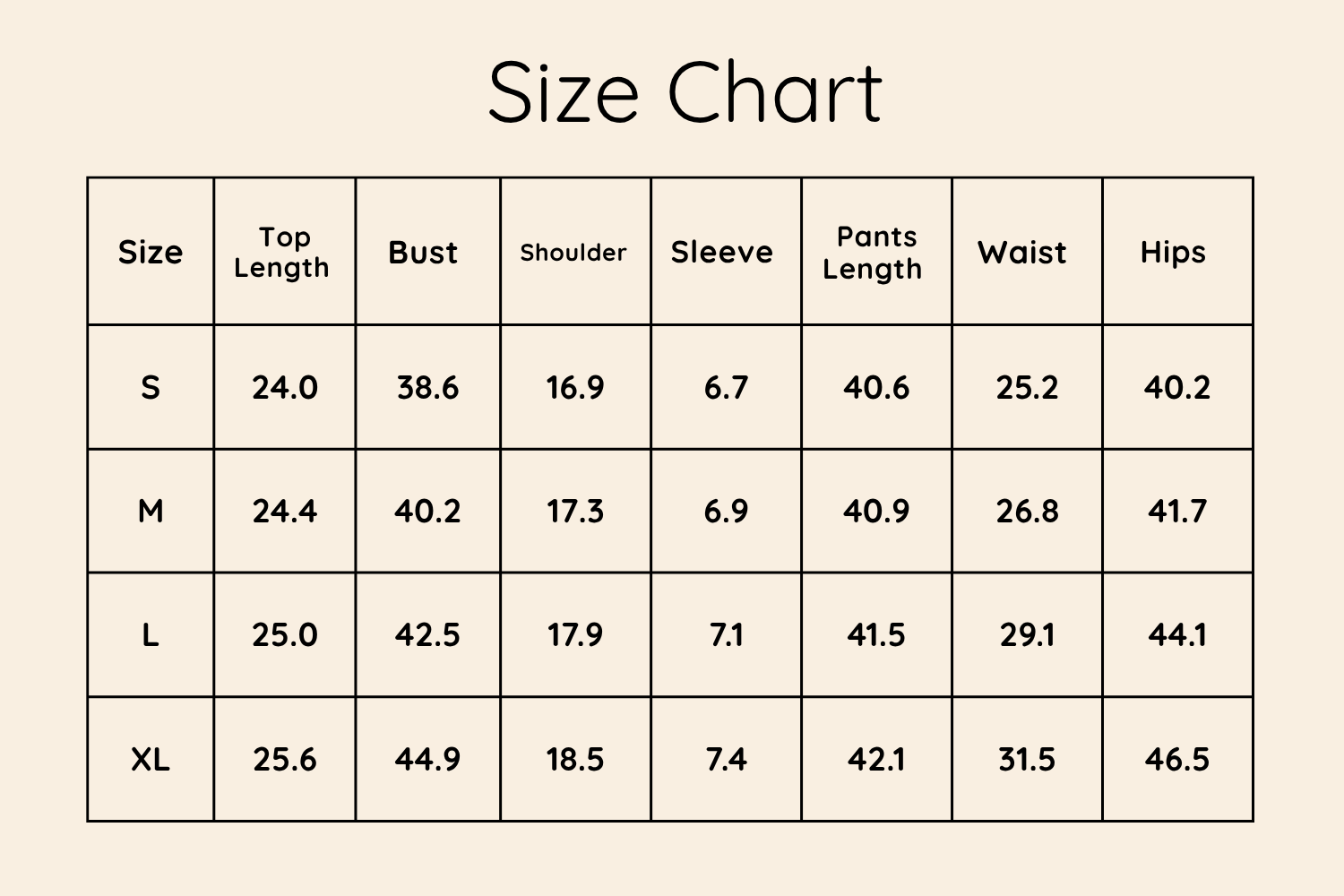 Size Chart Inches