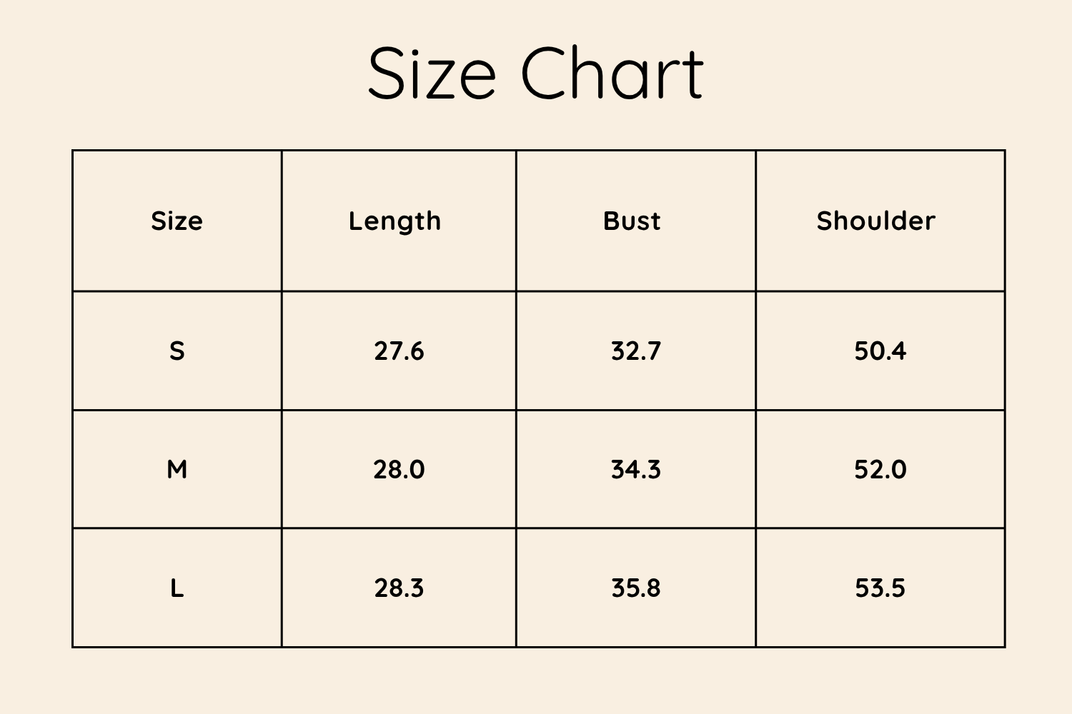 Size Chart Inches