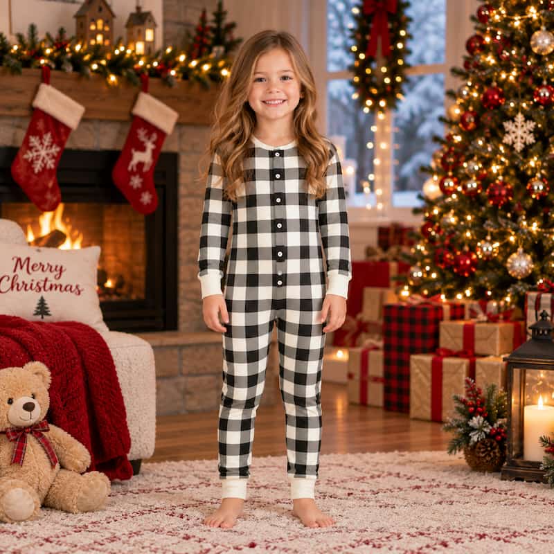 A young girl stands barefoot in a cozy, decorated Christmas living room wearing a black and white buffalo plaid long-sleeve pajama top and matching pants. The background features a lit fireplace with stockings, a Christmas tree, wrapped gifts, and a teddy bear.
