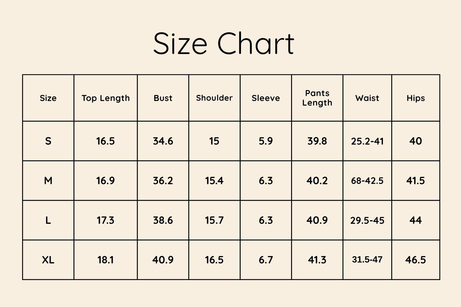 Size Chart Inches