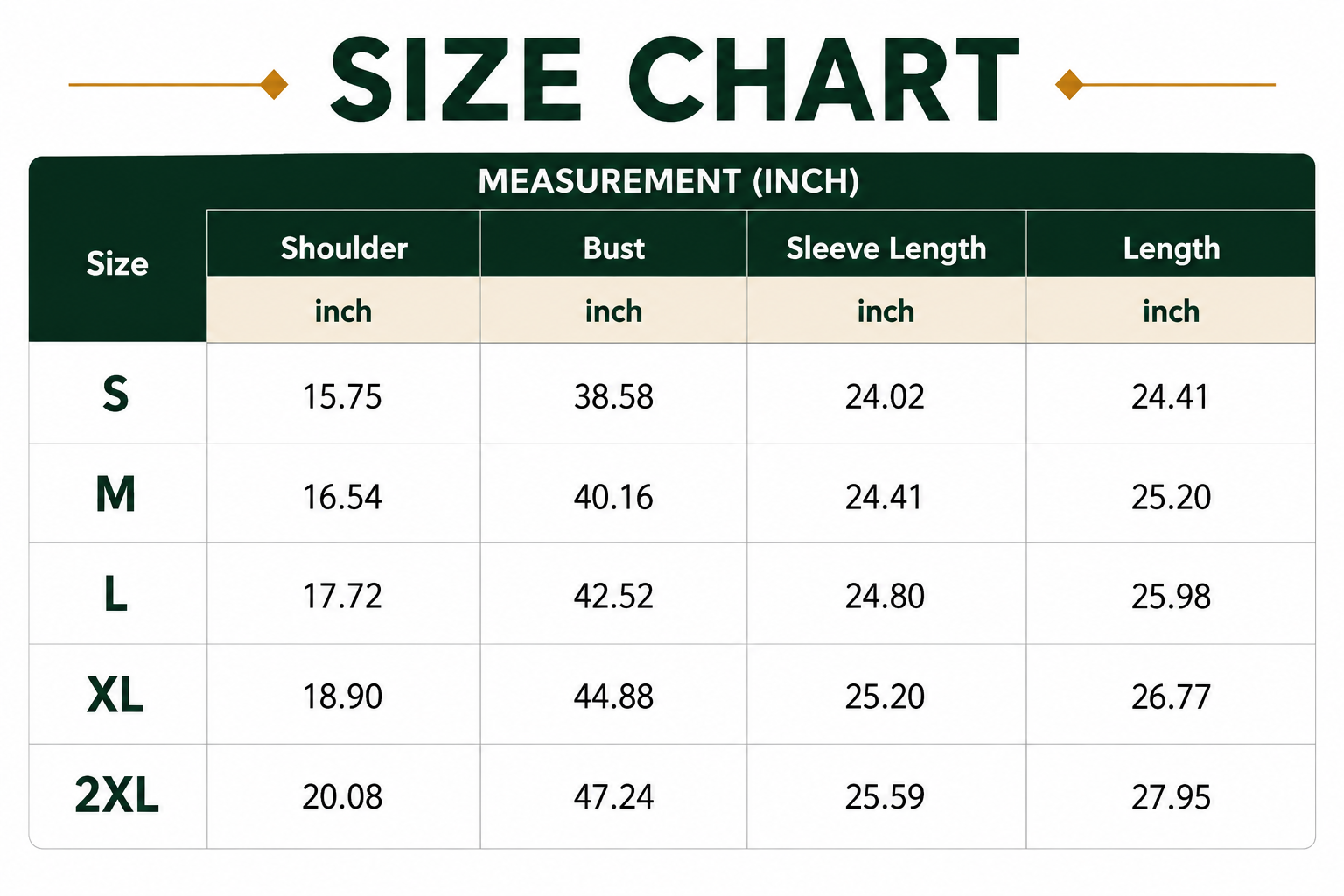 Size Chart Inches