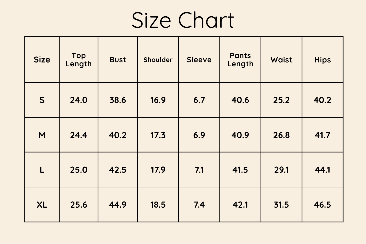 Size Chart Inches