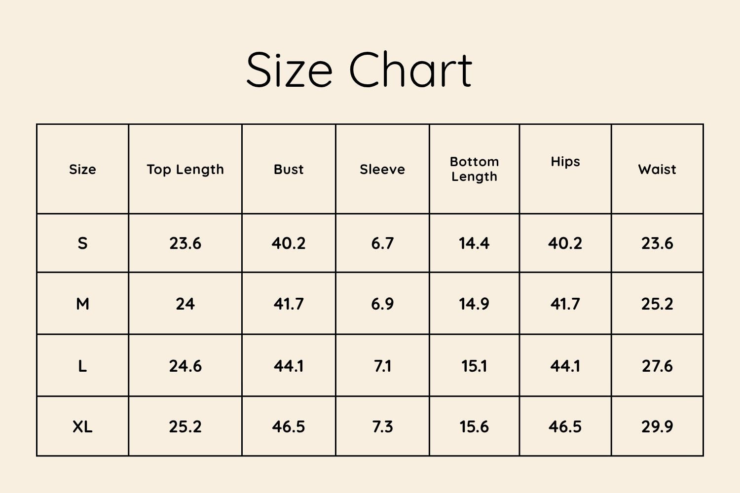 Size Chart Inches