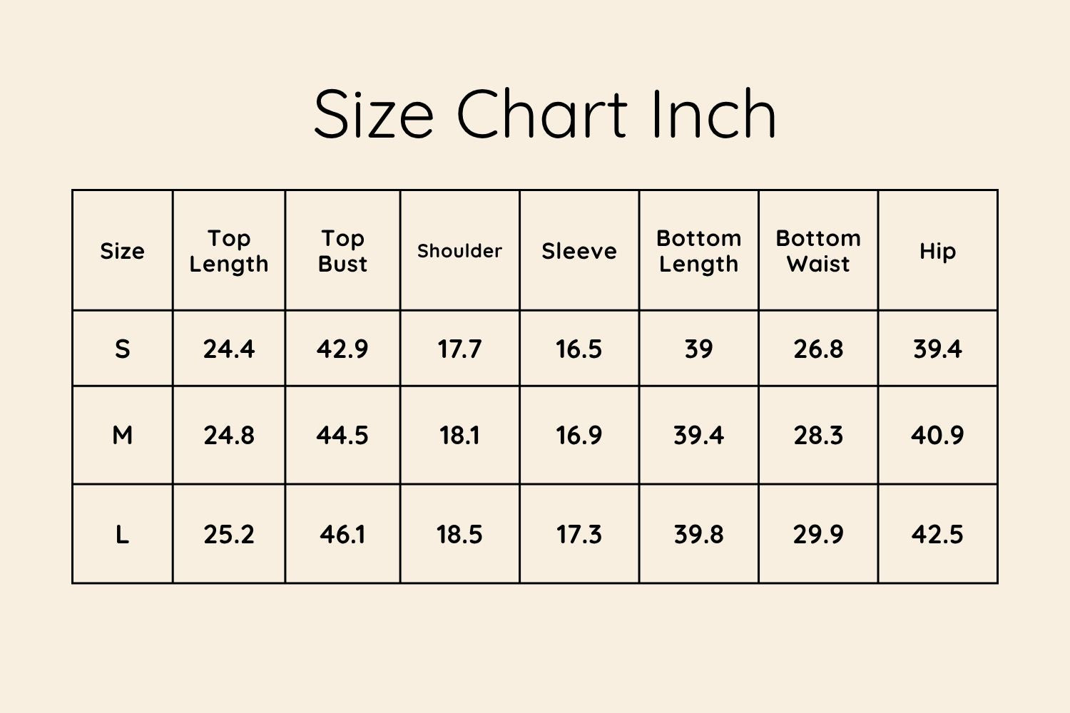 Size Chart Inches