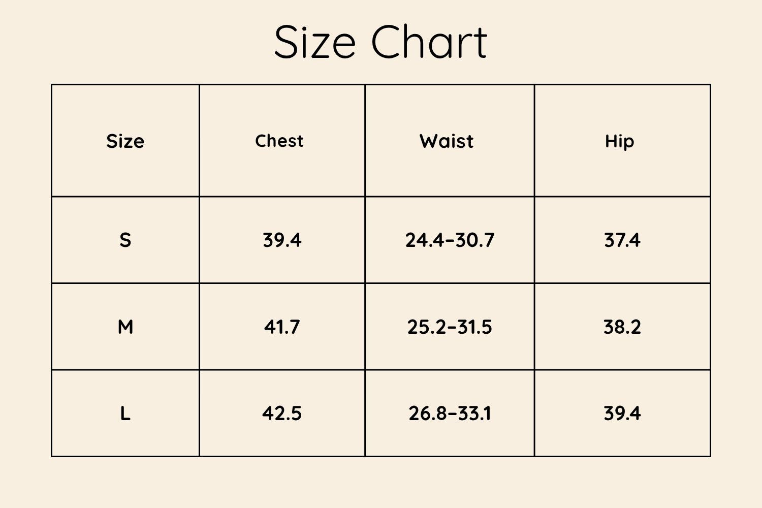 Size Chart Inches