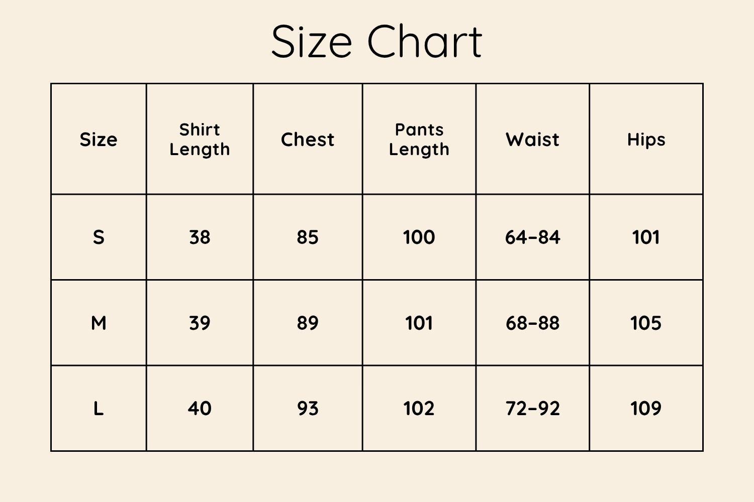 Size Chart CM