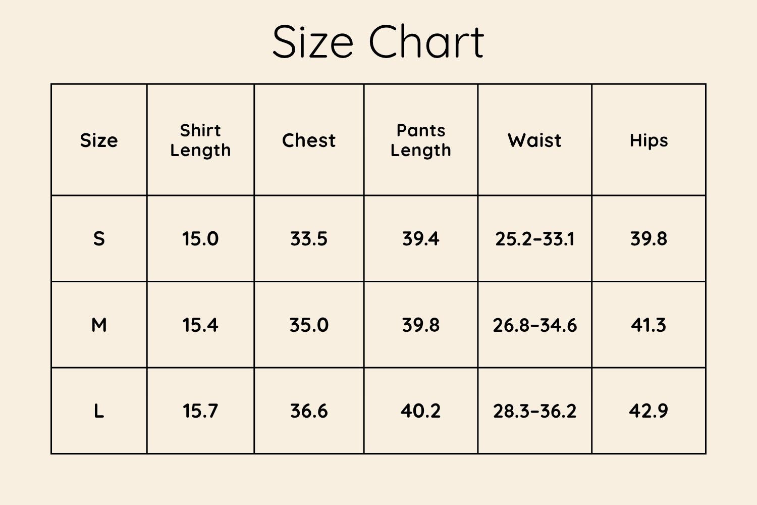 Size Chart Inches