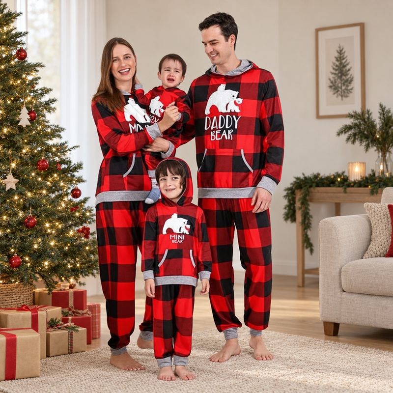 Hooded Plaid Bear Family Matching Christmas Pyjamas