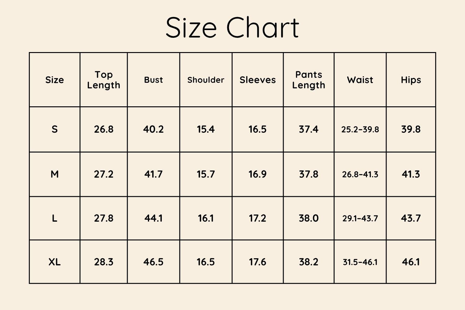 Size Chart Inches