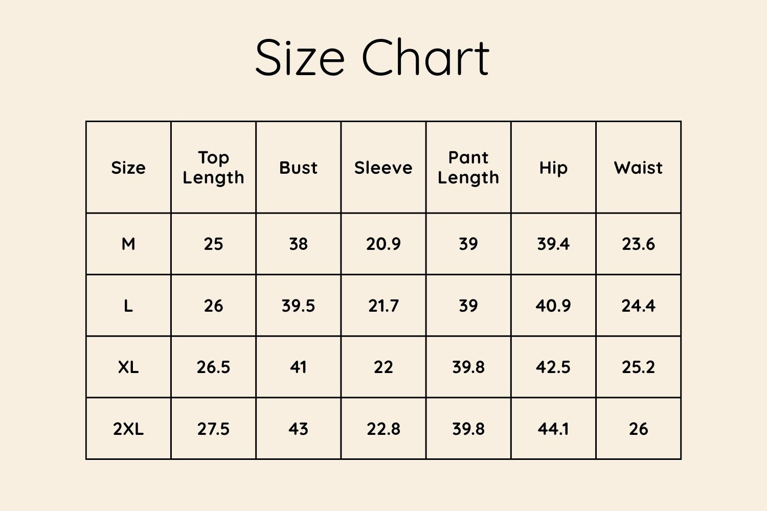 Size Chart Inches