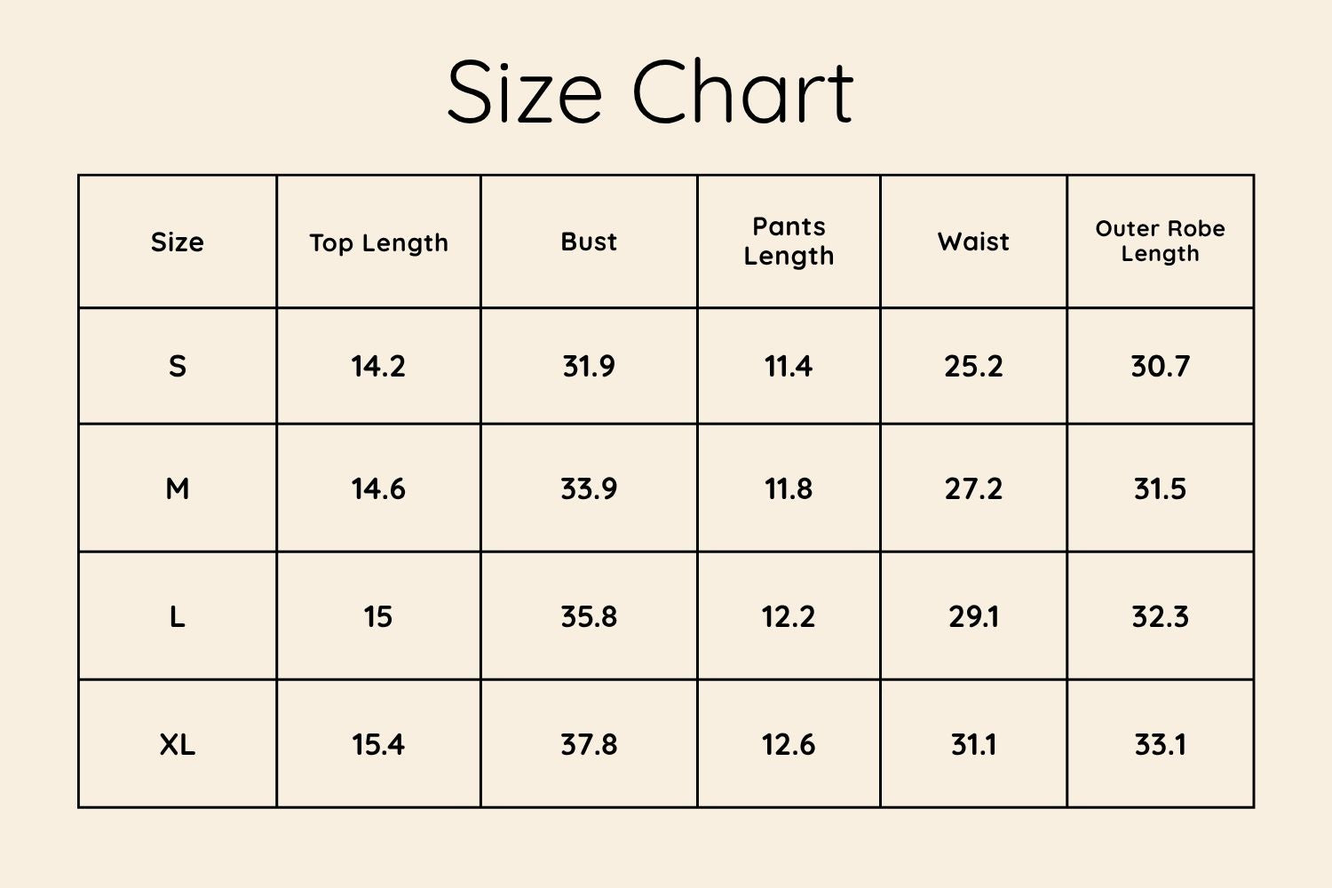 Size Chart Inches