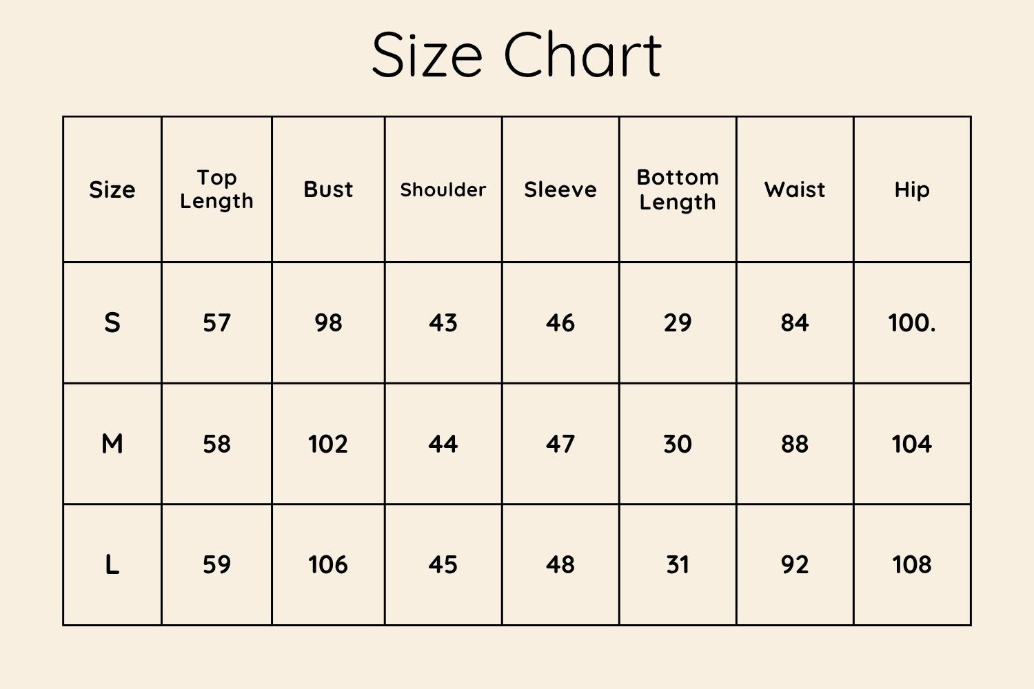 Size Chart CM