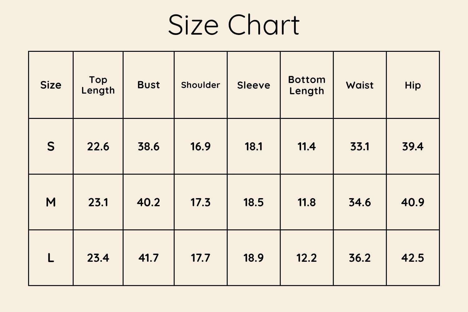 Size Chart Inches