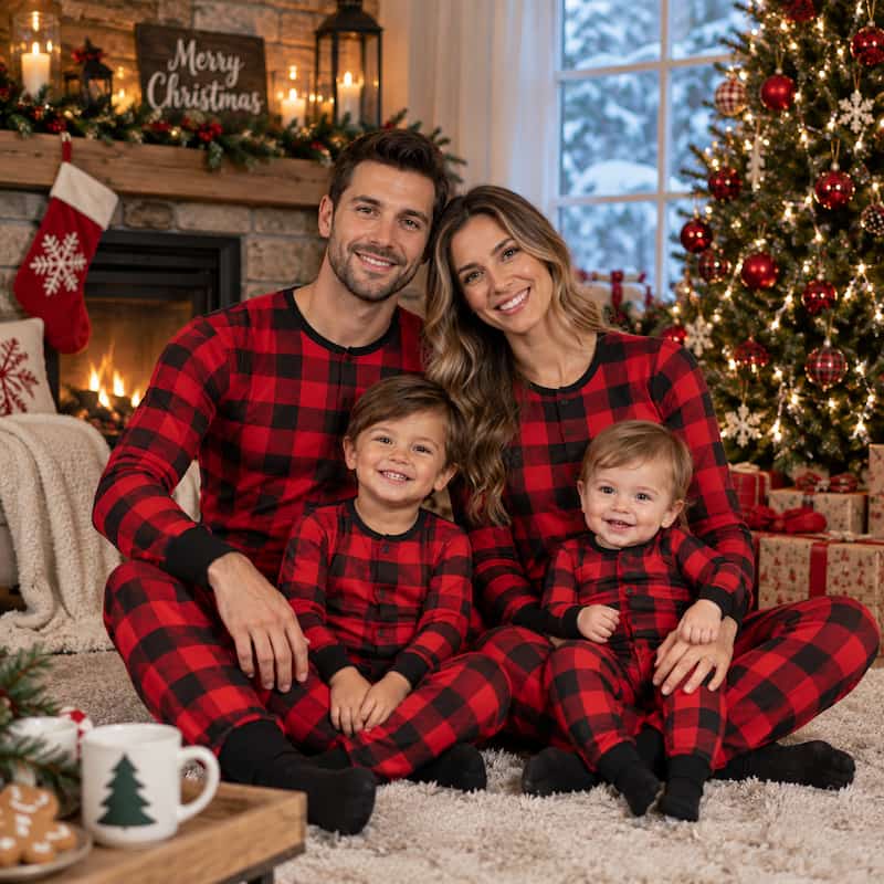 A family of four wearing matching red and black buffalo plaid pajamas sits together on a white shag rug in a cozy, decorated Christmas living room with a fireplace, lit Christmas tree, stockings, and wrapped gifts.