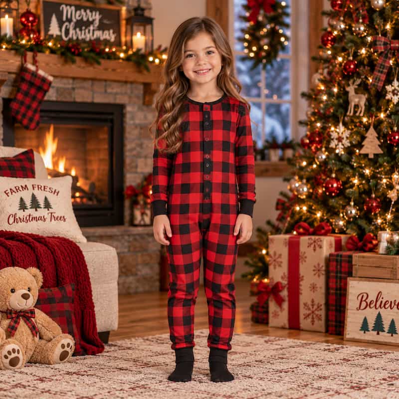 A young girl stands in a cozy, decorated Christmas living room wearing a red and black buffalo plaid long-sleeve pajama set. The room features a fireplace, a lit Christmas tree, wrapped gifts, and holiday decorations.