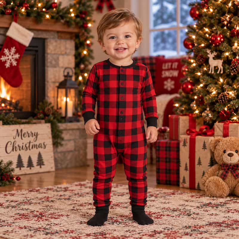 A toddler stands in a decorated Christmas living room wearing a red and black buffalo plaid long-sleeve pajama set with black cuffs and a snap-button front. The background features a lit fireplace, stockings, a Christmas tree, wrapped gifts, and a teddy bear.