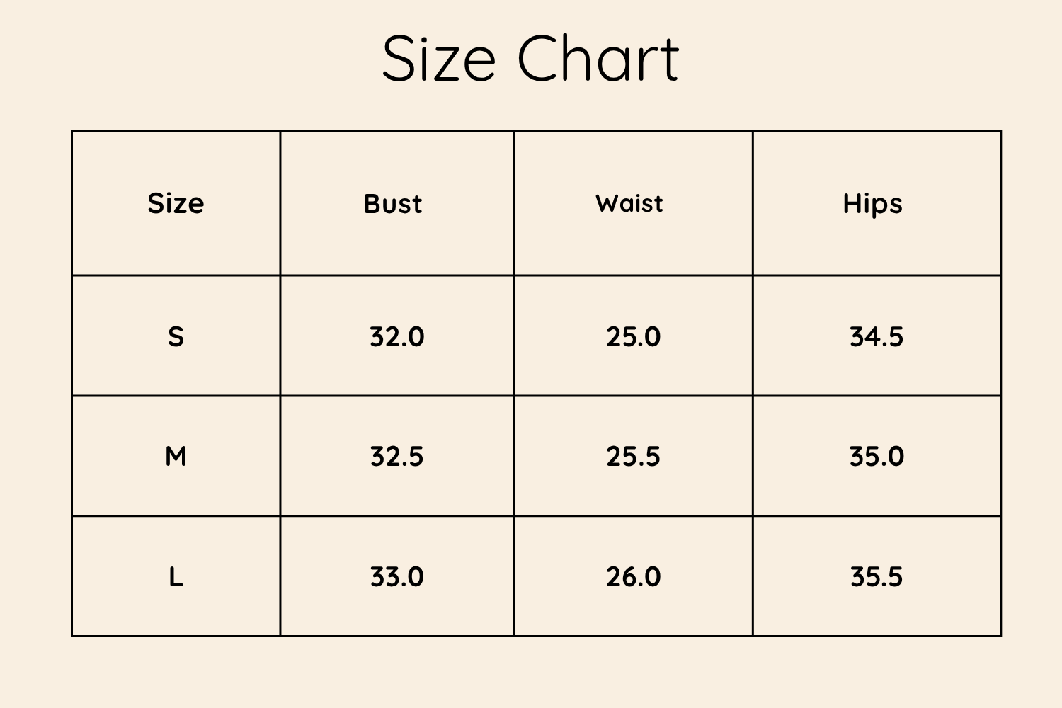 Size Chart Inches