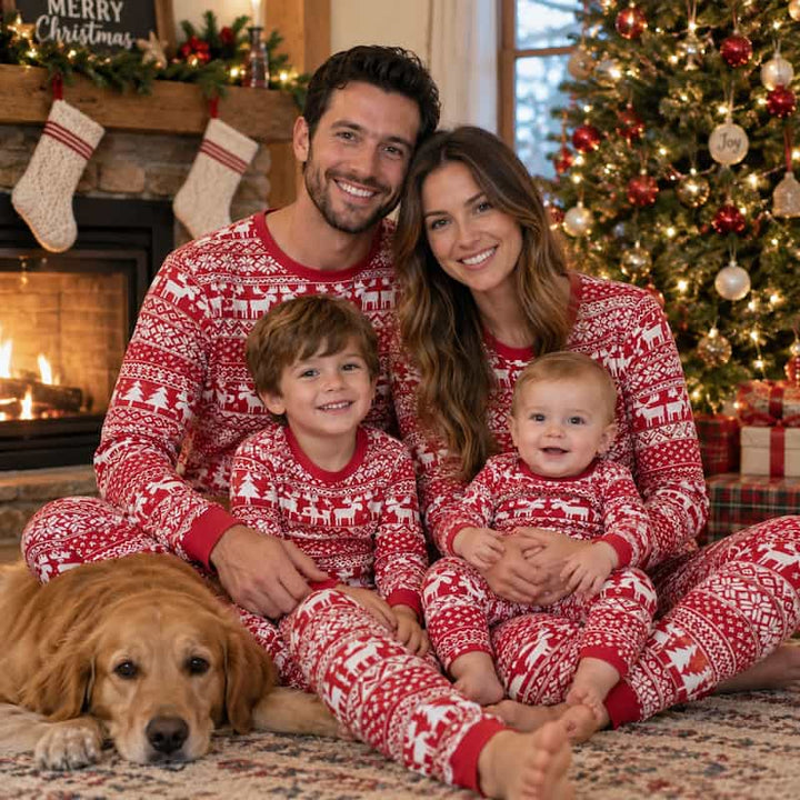 A family of four wearing matching red and white Christmas pajamas sits together on the floor in front of a fireplace, with a golden retriever at their side and a decorated Christmas tree in the background.