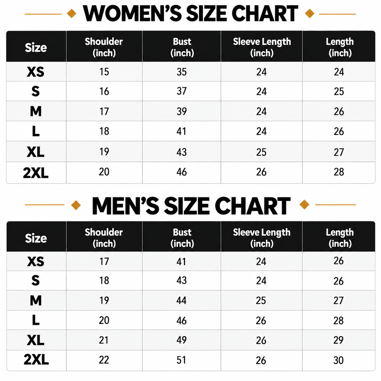 Size Chart Inches