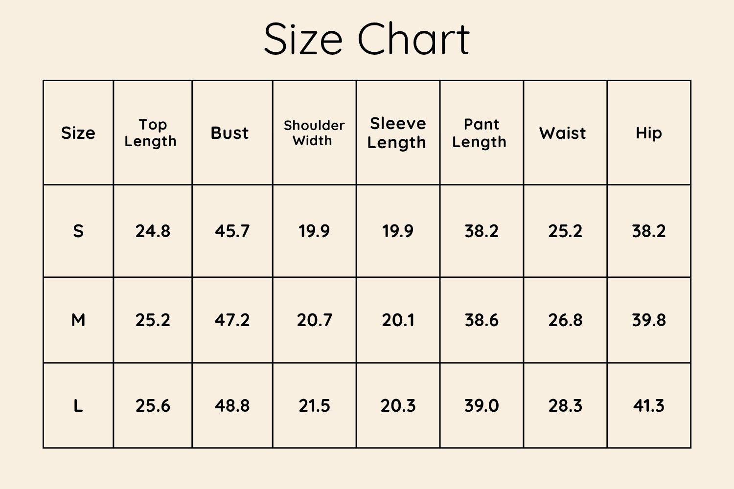 Size Chart Inches