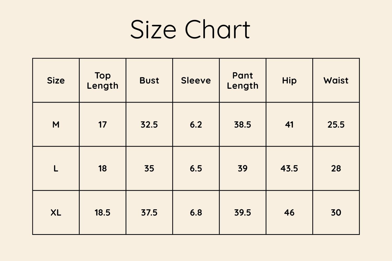 Size Chart Inches