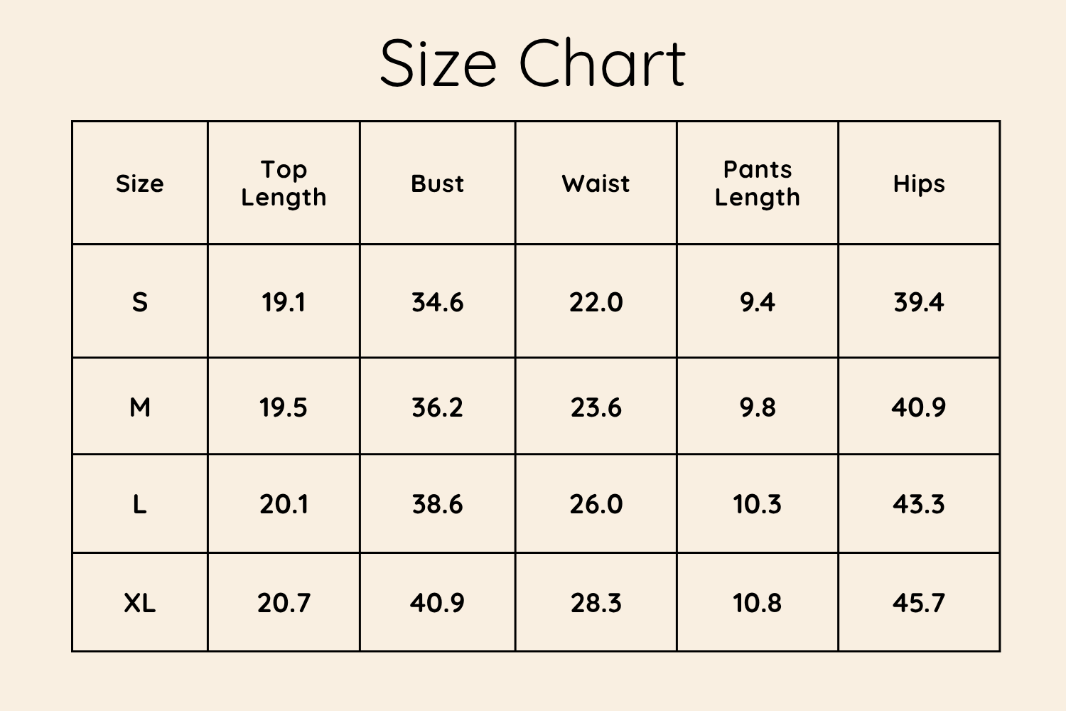 Size Chart Inches