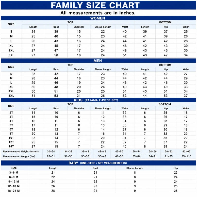 Size Chart Inches