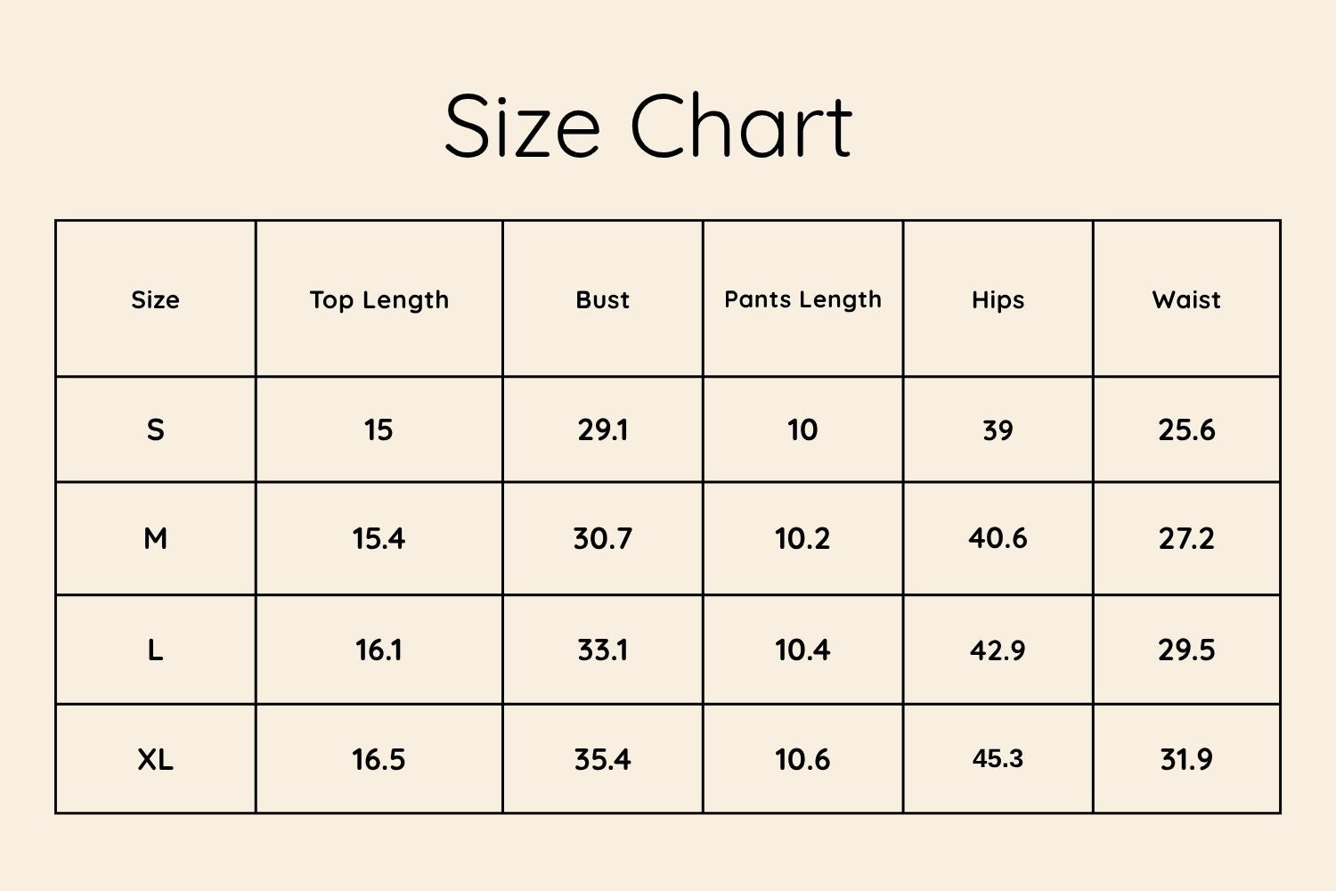 Size Chart Inches