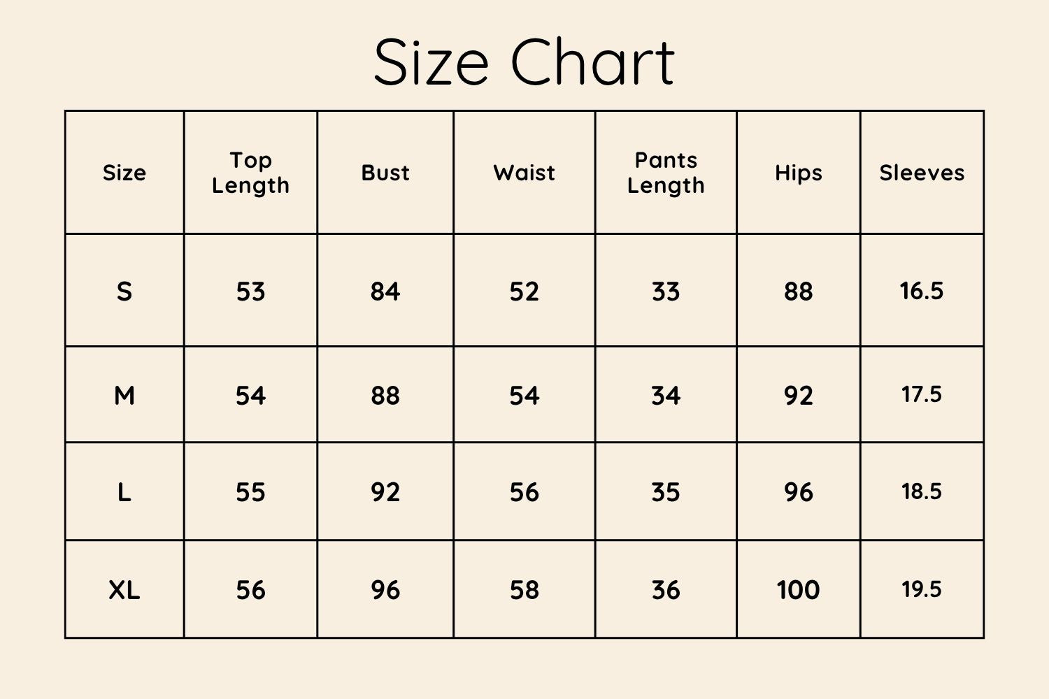 Size Chart CM
