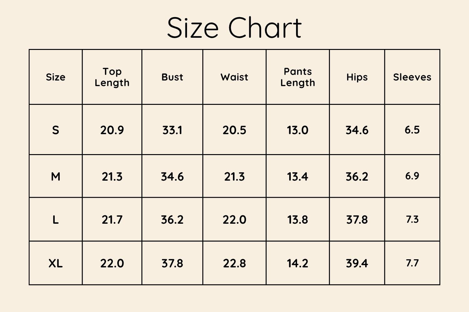 Size Chart Inches