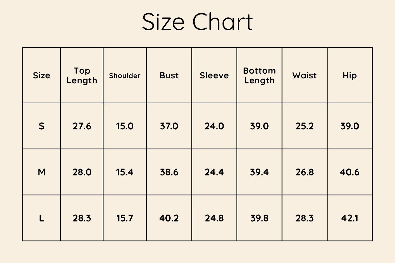 Size Chart Inches