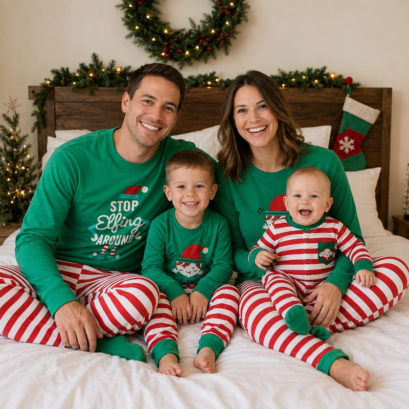 A family of four wearing matching Christmas pajamas sits together on a bed in a decorated bedroom. The two adults and two children wear green long-sleeve tops with red-and-white striped bottoms; one top has white text reading 'Stop Elfing Around Me,' and the matching bottoms have red-and-white stripes with green cuffs and ankles.