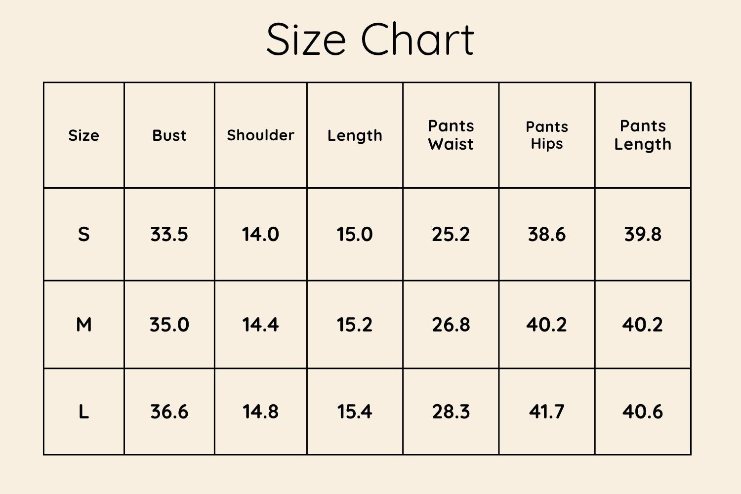 Size Chart Inches
