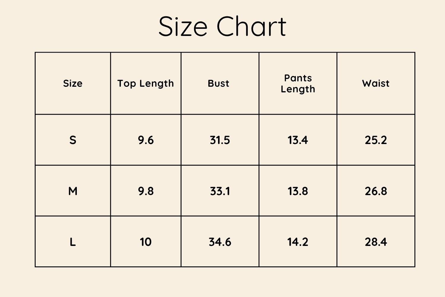 Size Chart Inches