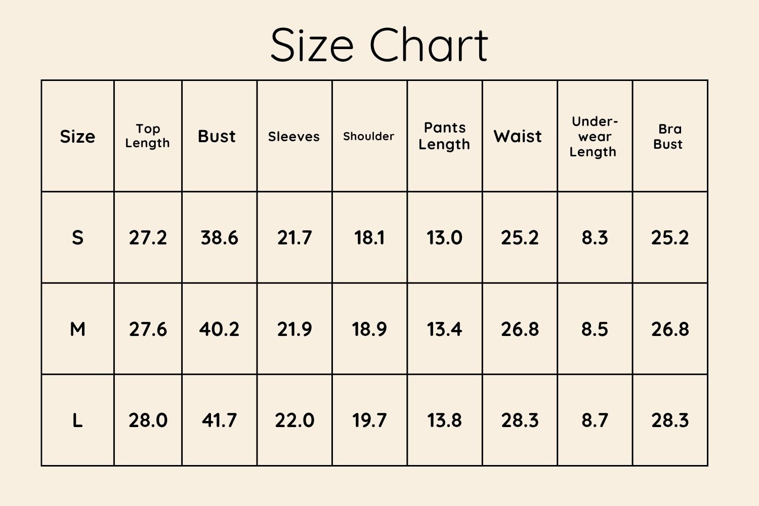 Size Chart Inches